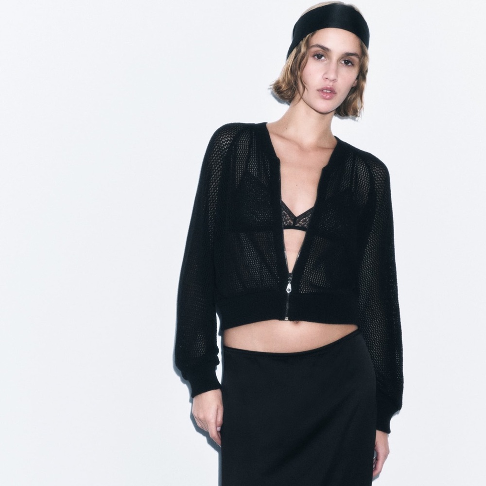Zara mesh knit bomber cardigan top - Picture 2 of 7